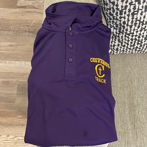 Purple and gold athletic polo track and field coaches short sleeve shirt.